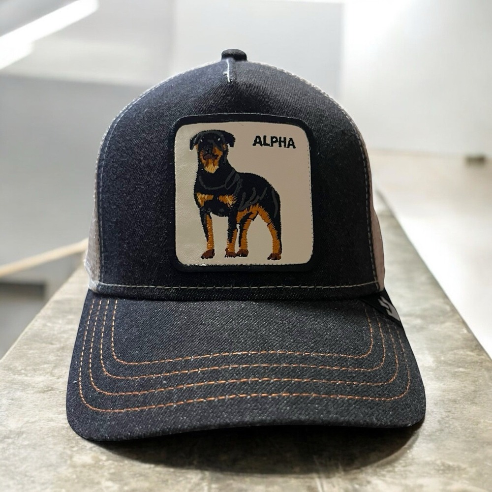 Goorin Bros. ALPHA Dog Trucker Hat Farm Pitbull OSFA Blue w/ Orange Stitching
